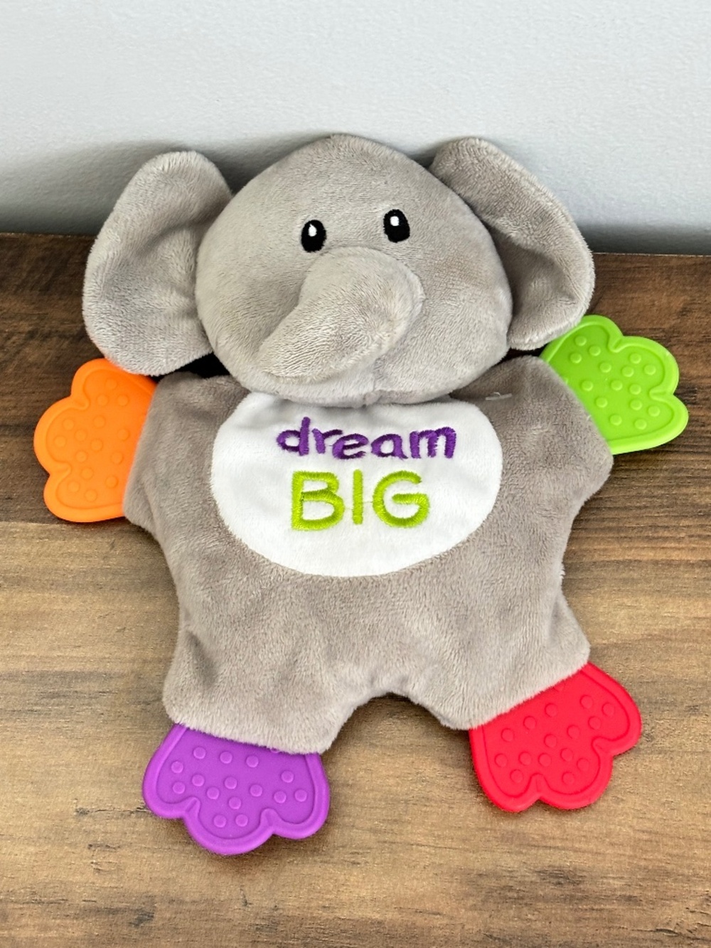 NWOT Playtex Baby Gray Elephant Doll Teether Plush Lovey Crinkle Toy Dream Big